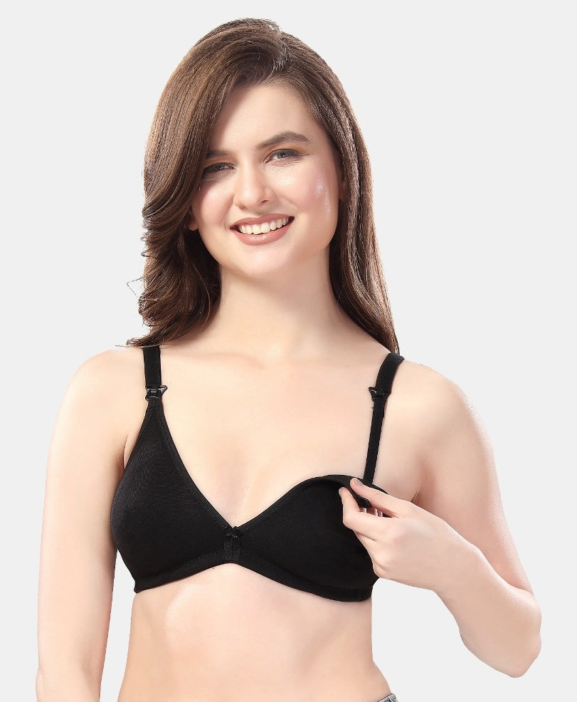 Fabme Women's Black Seamless Non-Padded  Non Wired Nursing Bra