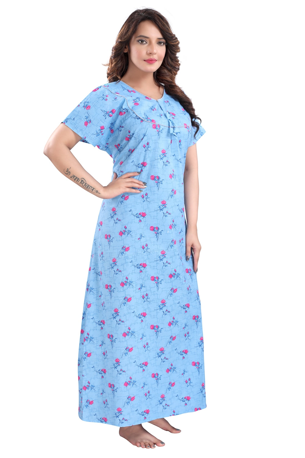 Fabme Women's Light Blue Printed Cotton Full Length EveryDay Night Dress Nighty