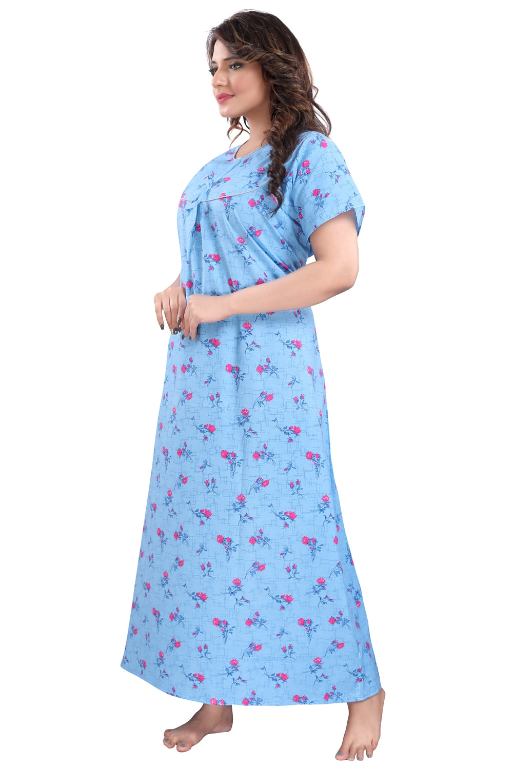 Fabme Women's Light Blue Printed Cotton Full Length EveryDay Night Dress Nighty