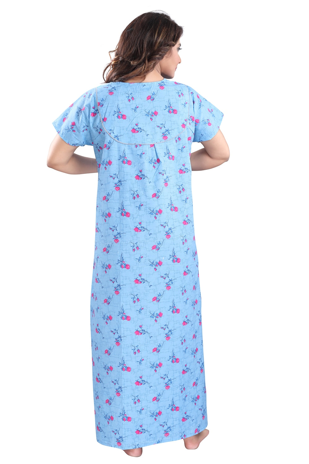 Fabme Women's Light Blue Printed Cotton Full Length EveryDay Night Dress Nighty